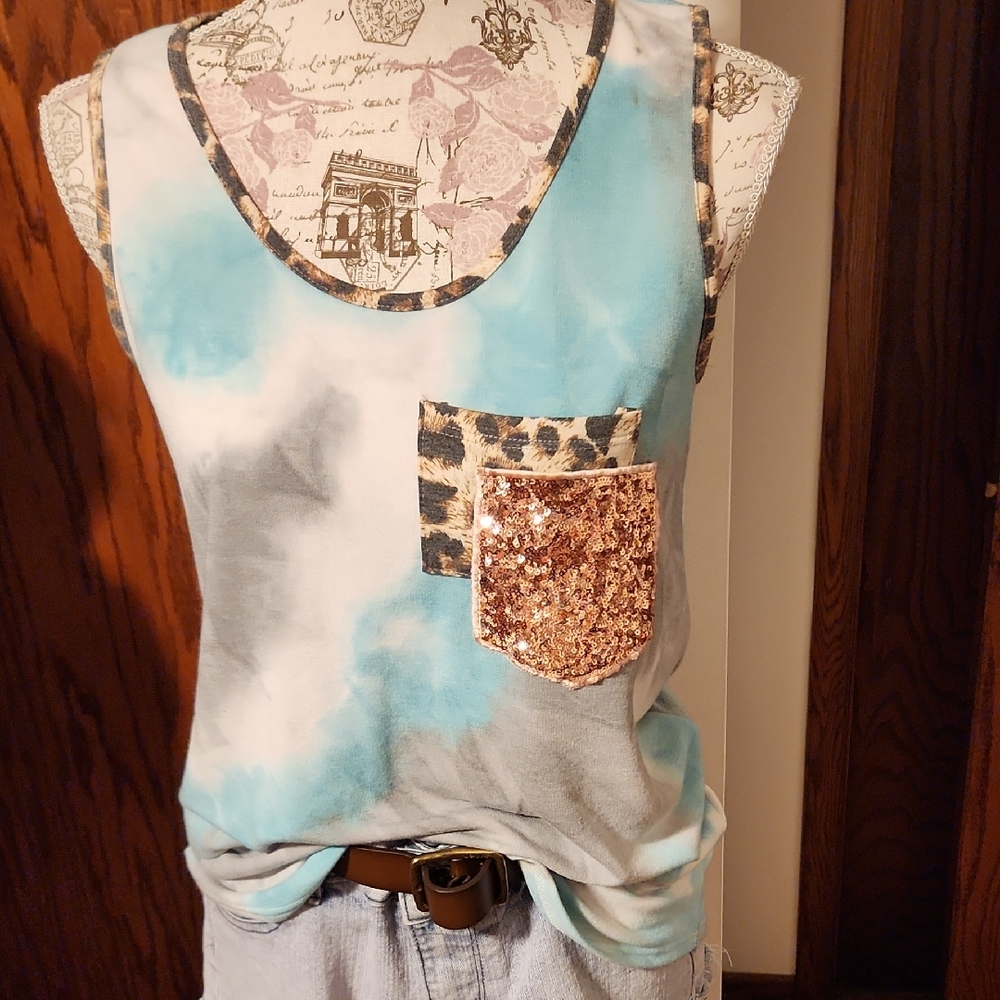 Lovely Melody Blue and Gray Top with Leopard Sequin Accent